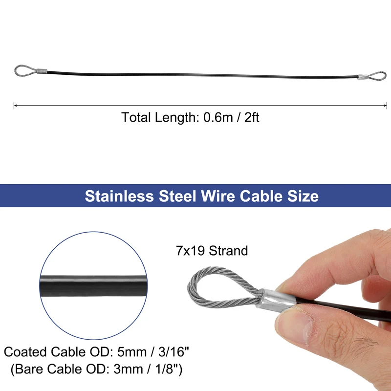 1/8" 2ft 304 Stainless Steel Cable Wire Rope 7 x 19 Strands Vinyl Coated Black
