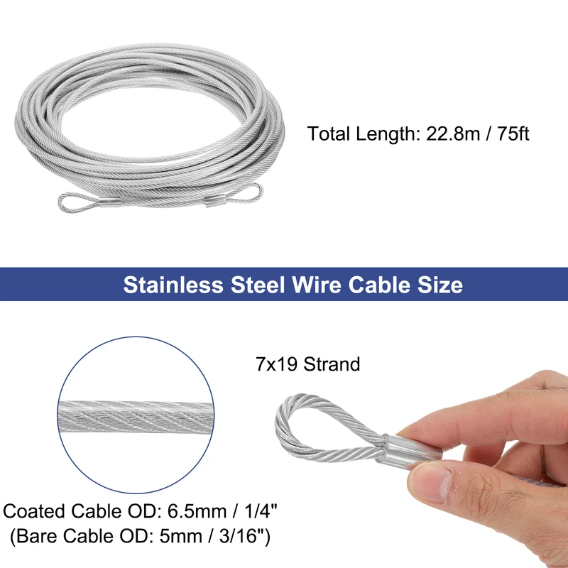 3/16" 75ft 304 Stainless Steel Cable Wire Rope 7 x 19 PVC Coated Looped Ends