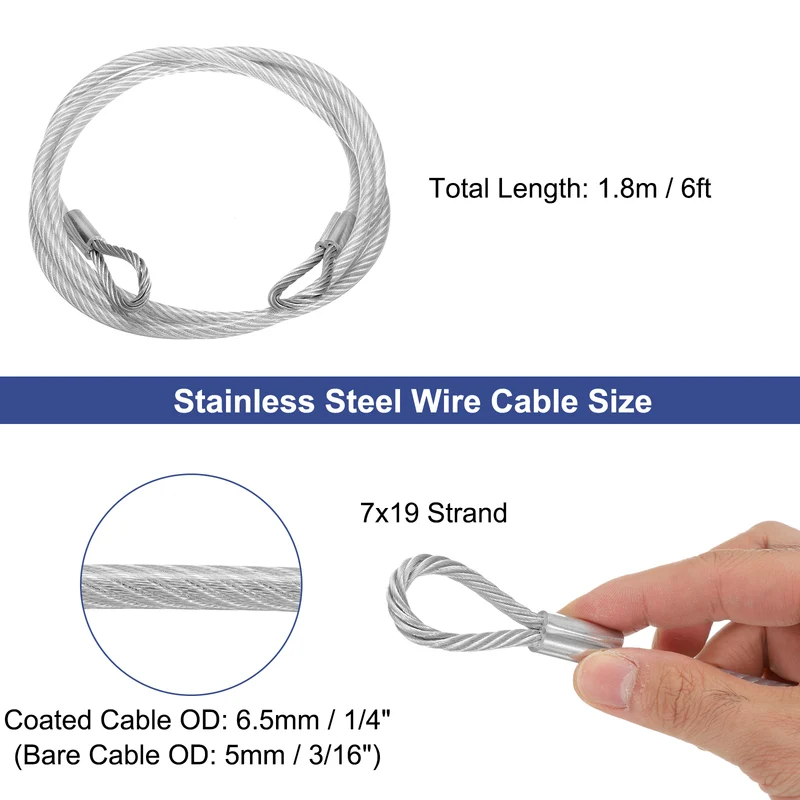 3/16" 6ft 304 Stainless Steel Cable Wire Rope 7 x 19 PVC Coated Looped Ends