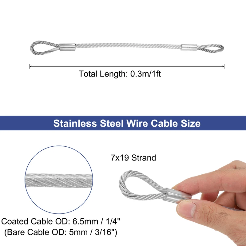 3/16" 1ft 304 Stainless Steel Cable Wire Rope 7 x 19 PVC Coated Looped Ends