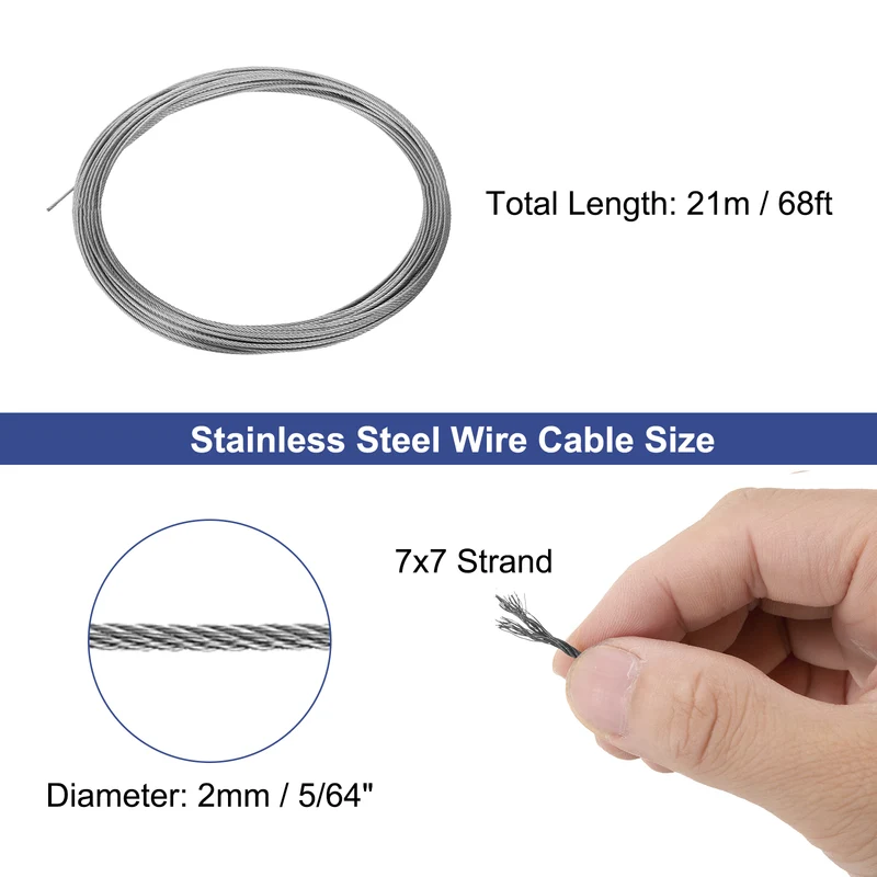 5/64" (2mm) 68ft (21m) 304 Stainless Steel Cable Wire Rope 7 x 7 Strands