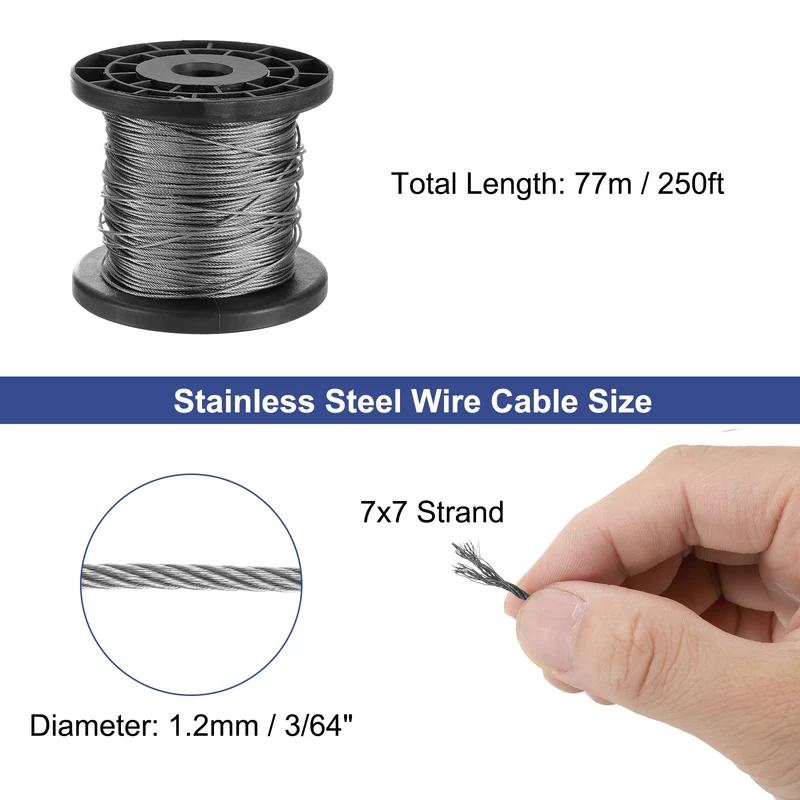 3/64" 250ft 304 Stainless Steel Cable Wire Rope with Reel 7 x 7 Strands