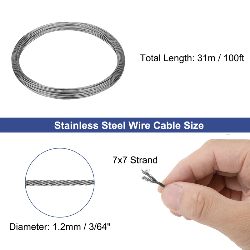 3/64" (1.2mm) 100ft (31m) 304 Stainless Steel Cable Wire Rope 7 x 7 Strands