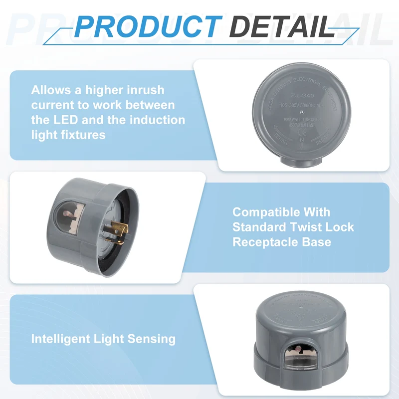 Twist Lock Dusk to Dawn Photocell Sensor for Outdoor Lights, Gray Pack of 5