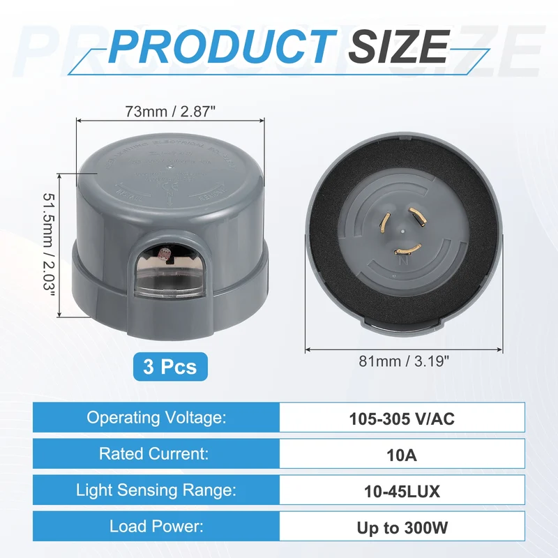 Twist Lock Dusk to Dawn Photocell Sensor for Outdoor Lights, Gray Pack of 3