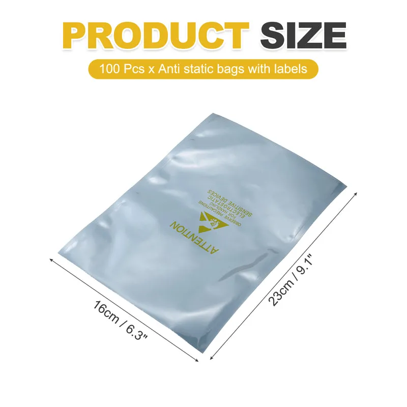 100 Pcs Anti Static Bags Shielding Bag 6.3" x 9.1" Open Top, Silver Gray