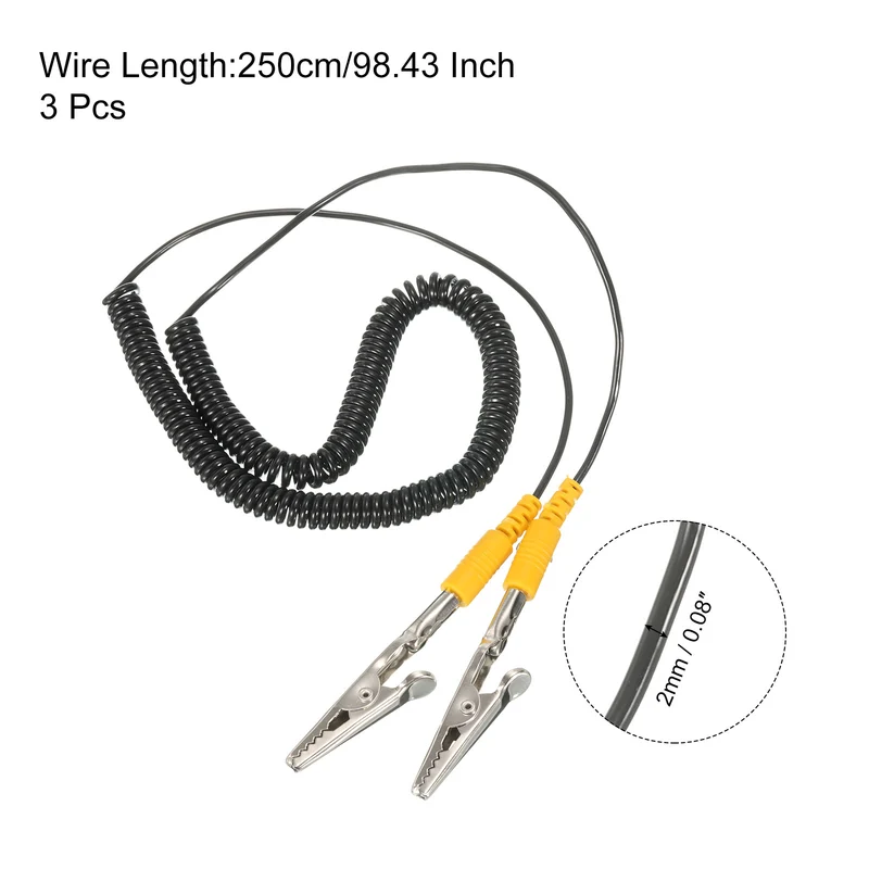ESD Grounding Cable Cord with Alligator Clip 250cm/98.43 Inch Black,3 Pcs