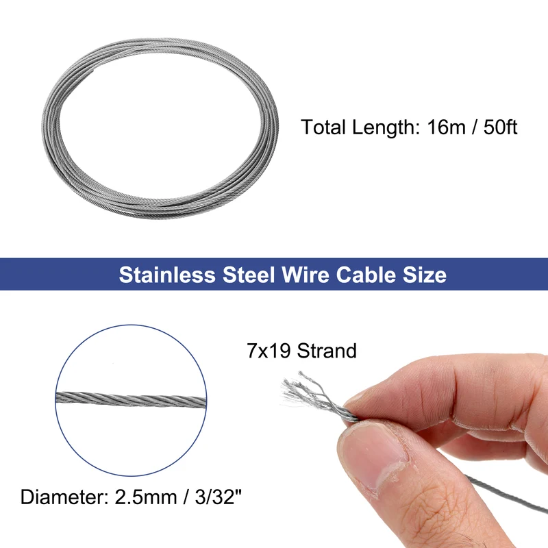 3/32" (2.5mm) 50ft (16m) 304 Stainless Steel Cable Wire Rope 7 x 19 Strands