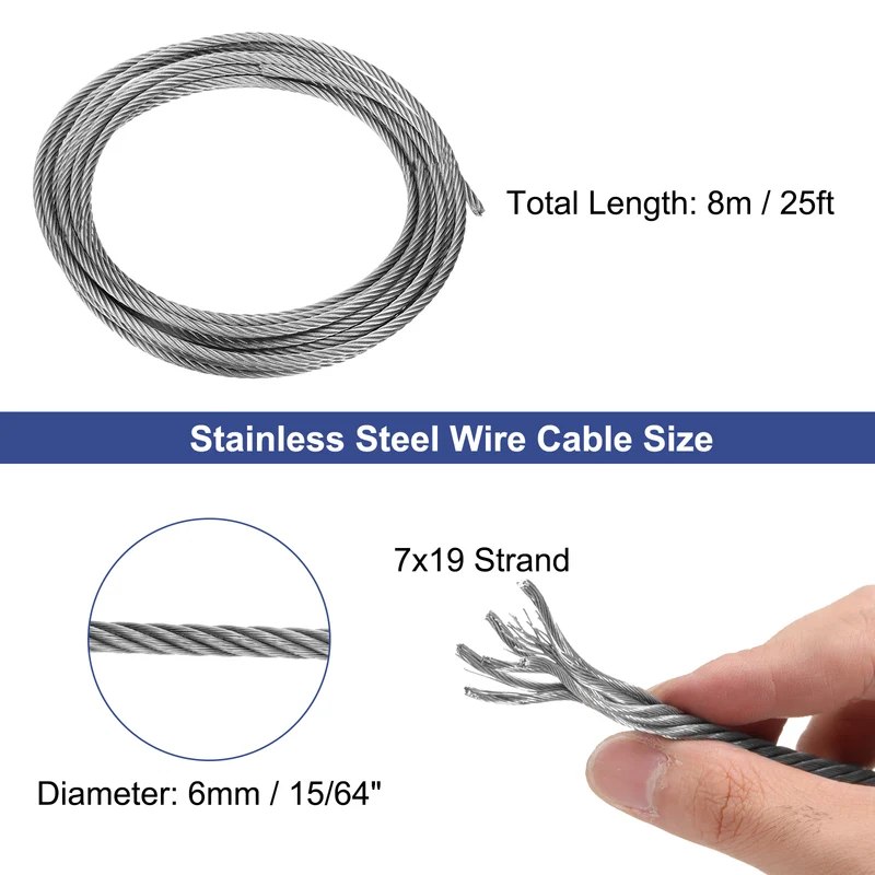 1/4" (6mm) 25ft (8m) 304 Stainless Steel Cable Wire Rope 7 x 19 Strands