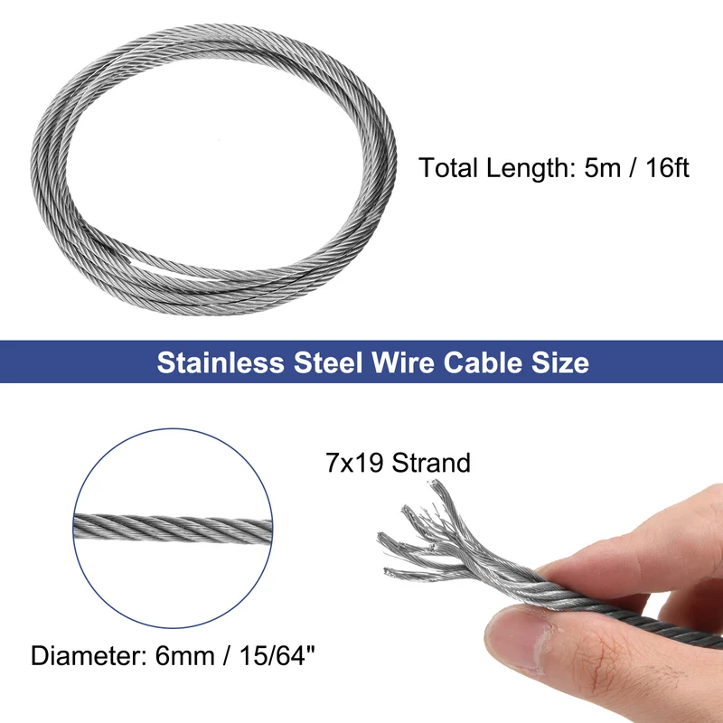 1/4" (6mm) 16ft (5m) 304 Stainless Steel Cable Wire Rope 7 x 19 Strands
