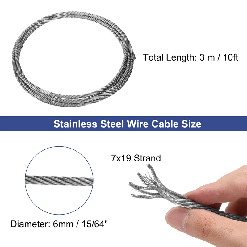 1/4" (6mm) 10ft (3 M) 304 Stainless Steel Cable Wire Rope 7 x 19 Strands