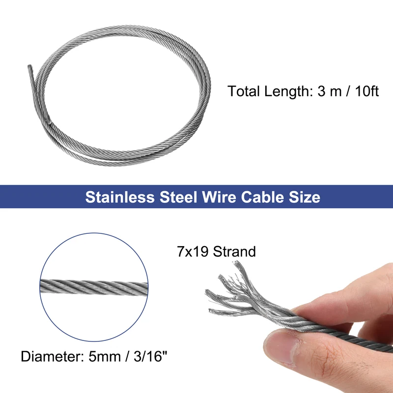 3/16" (5mm) 10ft (3 M) 304 Stainless Steel Cable Wire Rope 7 x 19 Strands