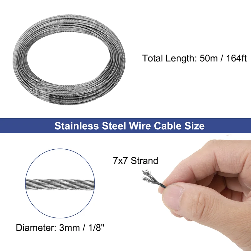1/8" (3mm) 164ft (50m) 304 Stainless Steel Cable Wire Rope 7 x 7 Strands