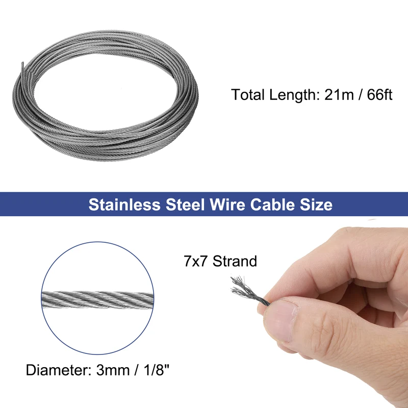 1/8" (3mm) 66ft (21m) 304 Stainless Steel Cable Wire Rope 7 x 7 Strands