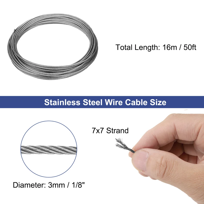 1/8" (3mm) 50ft (16m) 304 Stainless Steel Cable Wire Rope 7 x 7 Strands