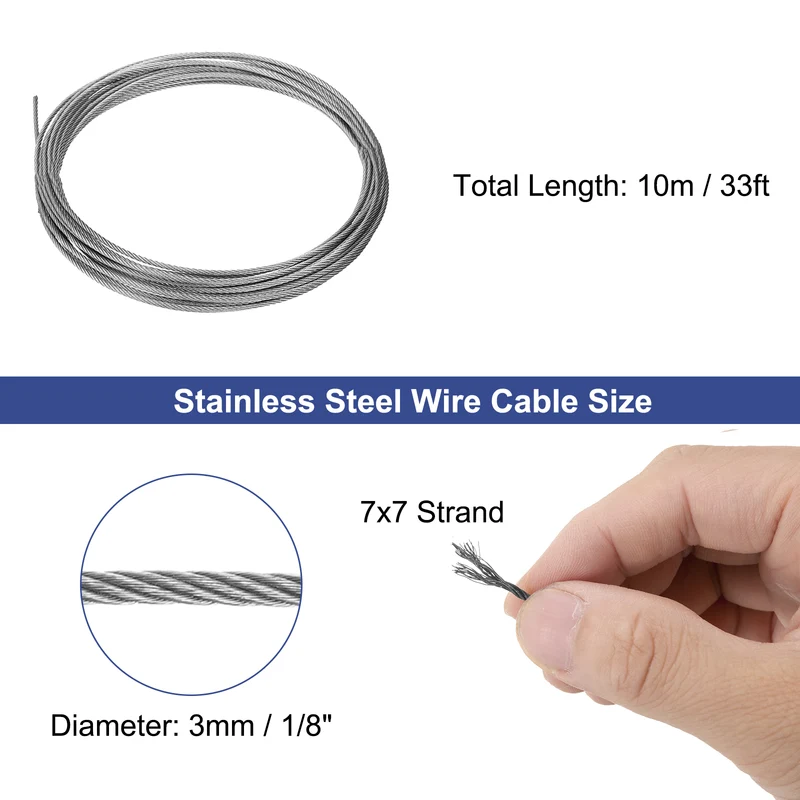 1/8" (3mm) 33ft (10m) 304 Stainless Steel Cable Wire Rope 7 x 7 Strands