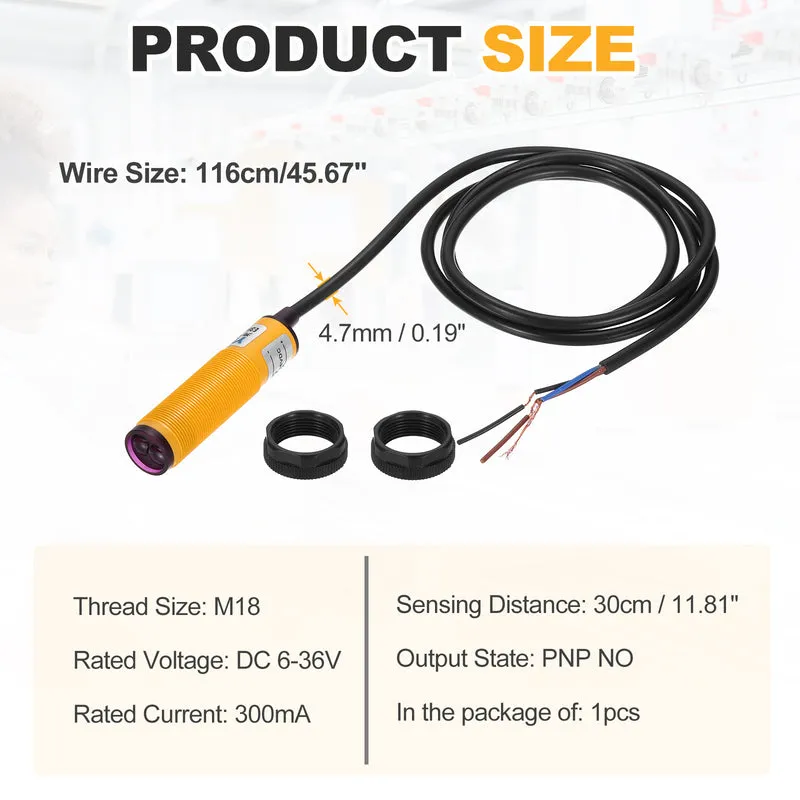 M18 30CM 6-36VDC Diffuse Photoelectric Sensor Adjustable PNP NO