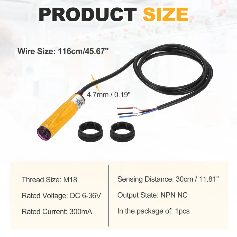 M18 30CM 6-36VDC Diffuse Photoelectric Sensor Adjustable NPN NC