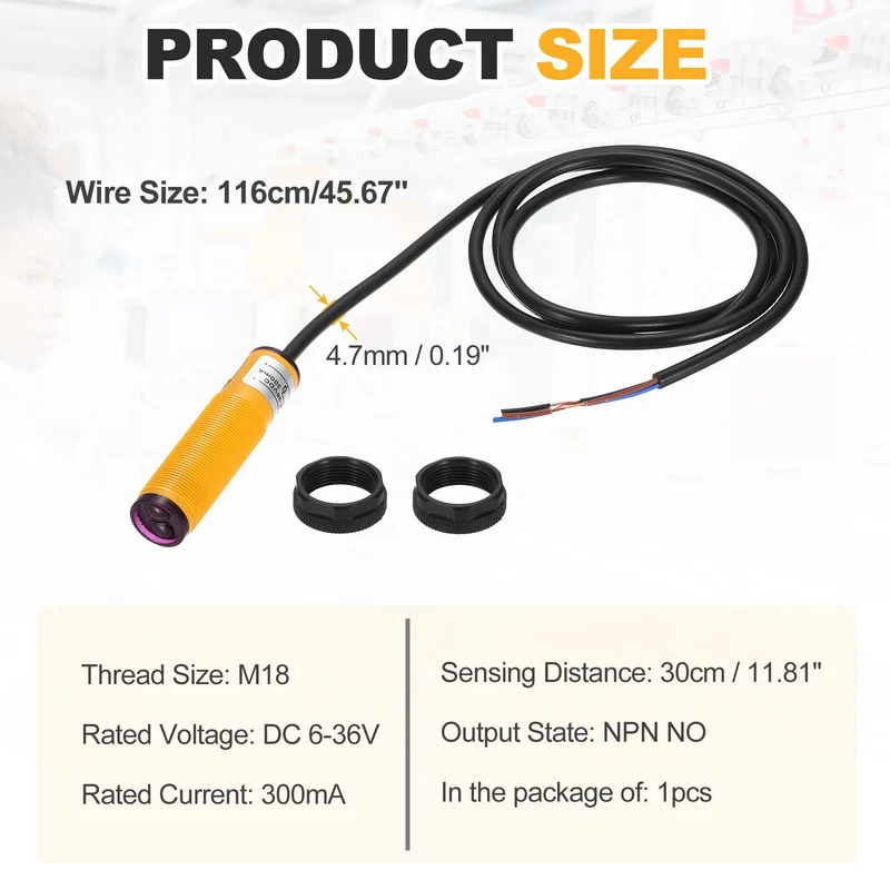 M18 30CM 6-36VDC Diffuse Photoelectric Sensor Adjustable NPN NO