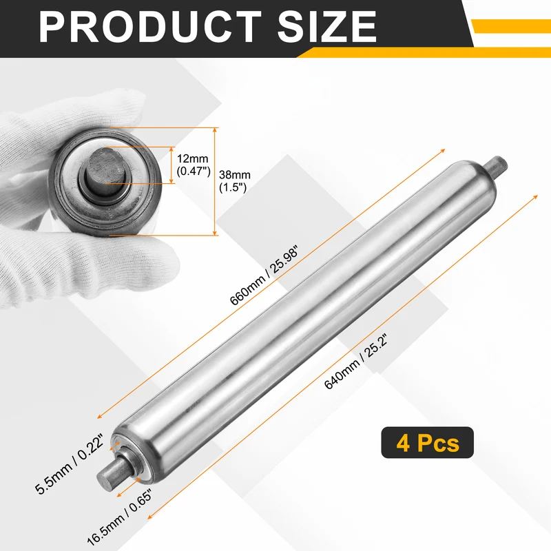 Stainless Steel Conveyor Roller 1" x 26" (38 x 660mm) Gravity Rollers 4 Pcs