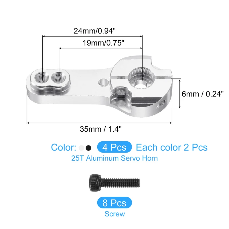 4 Pcs Aluminum Alloy 25T Steering Servo Arm Horn for DIY RC Car, Black/Silver