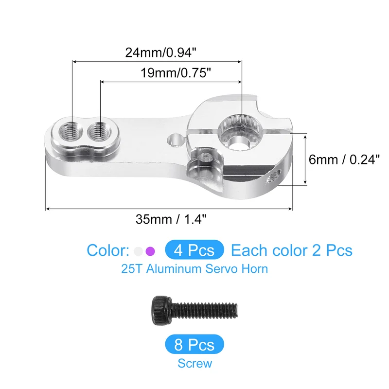 4 Pcs Aluminum Alloy 25T Steering Servo Arm Horn for DIY RC Car, Purple/Silver