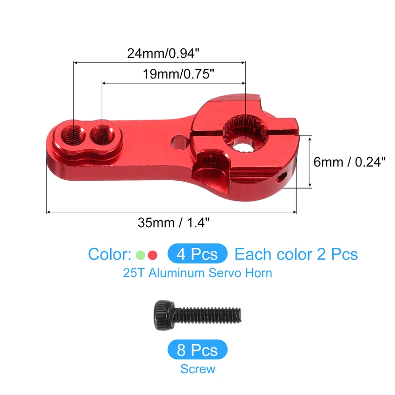 4 Pcs Aluminum Alloy 25T Steering Servo Arm Horn for DIY RC Car, Red/Green