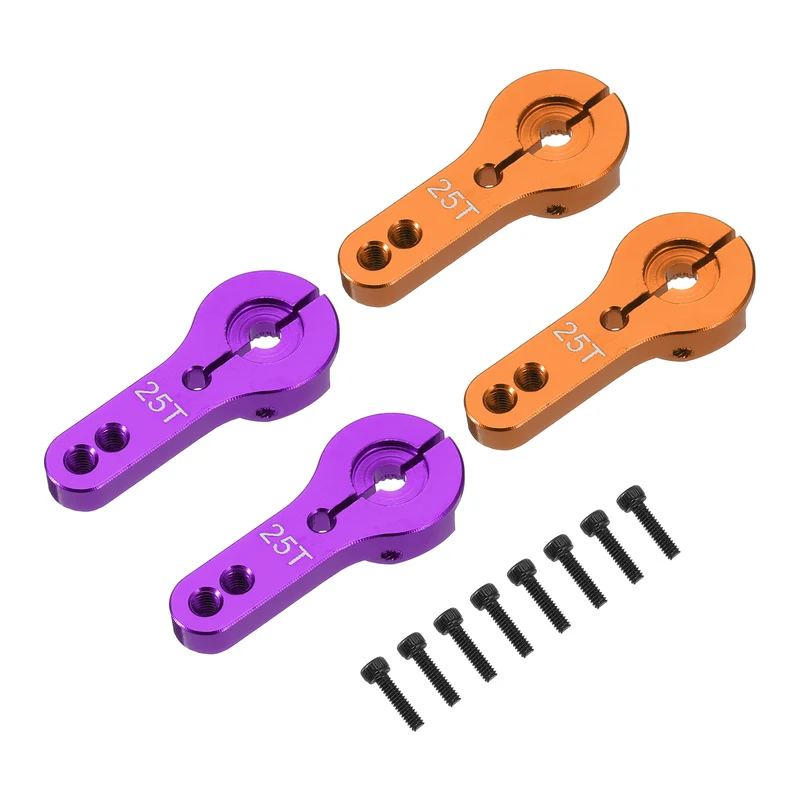 4 Pcs Aluminum Alloy 25T Steering Servo Arm Horn for DIY RC Car, Orange/Purple