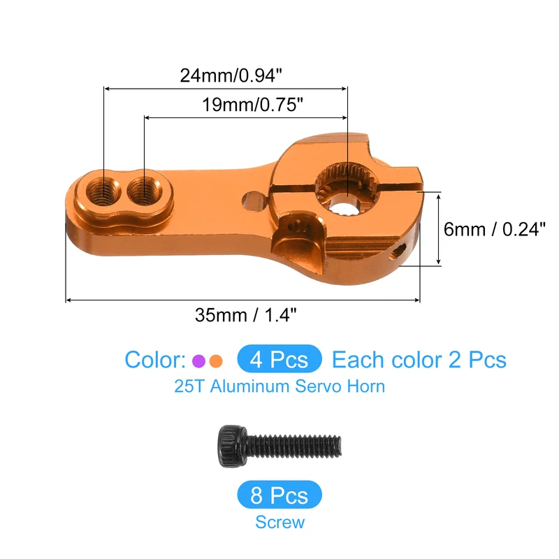 4 Pcs Aluminum Alloy 25T Steering Servo Arm Horn for DIY RC Car, Orange/Purple