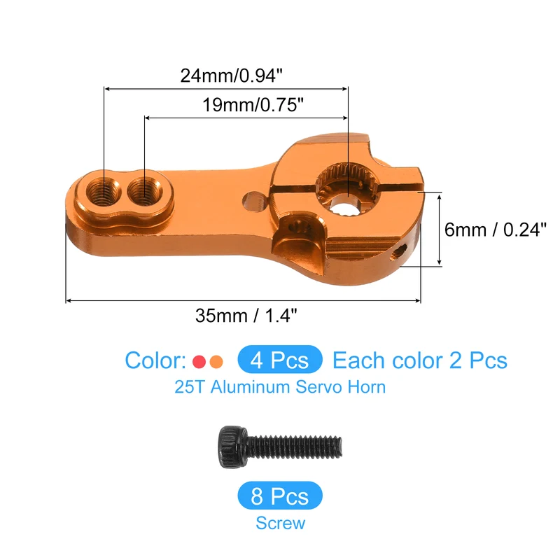 4 Pcs Aluminum Alloy 25T Steering Servo Arm Horn for DIY RC Car, Orange/Red