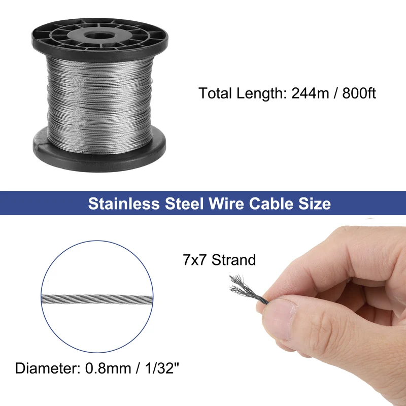 1/32" 800ft 304 Stainless Steel Cable Wire Rope with Reel 7 x 7 Strands