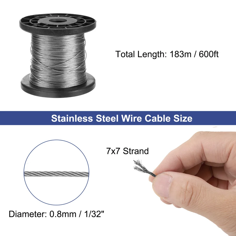 1/32" 600ft 304 Stainless Steel Cable Wire Rope with Reel 7 x 7 Strands