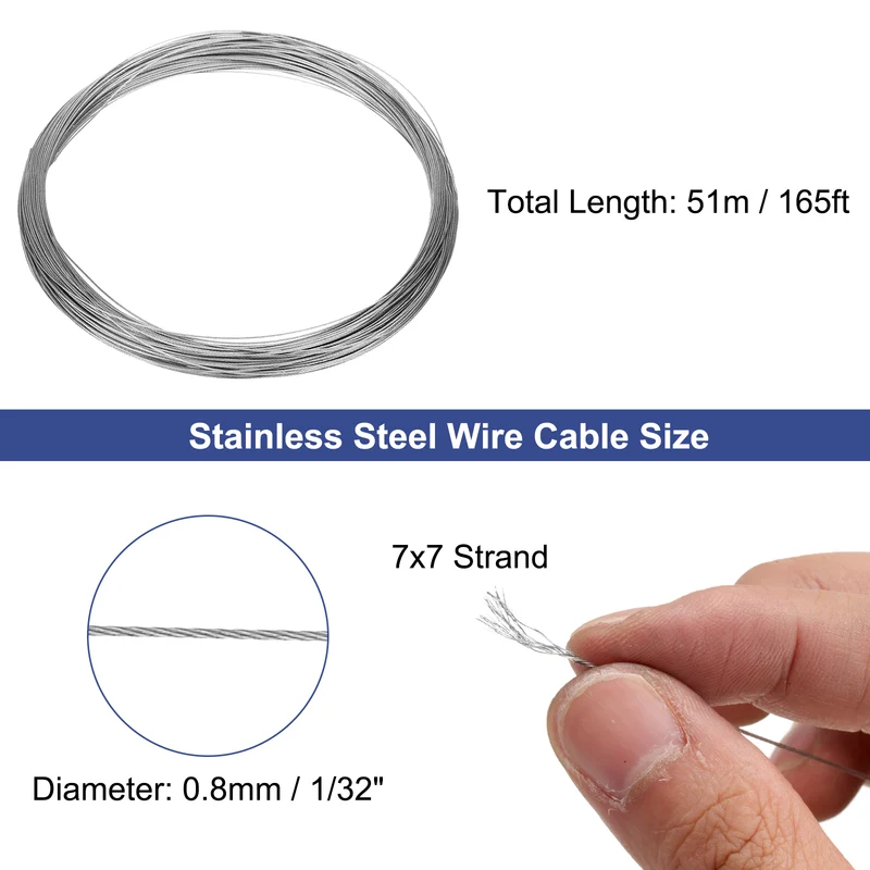 1/32" (0.8mm) 165ft (51m) 304 Stainless Steel Cable Wire Rope 7 x 7 Strands