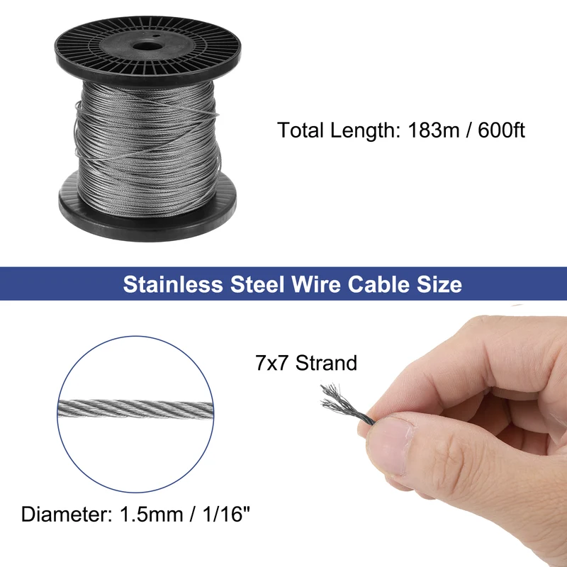 1/16" 600ft 304 Stainless Steel Cable Wire Rope with Reel 7 x 7 Strands