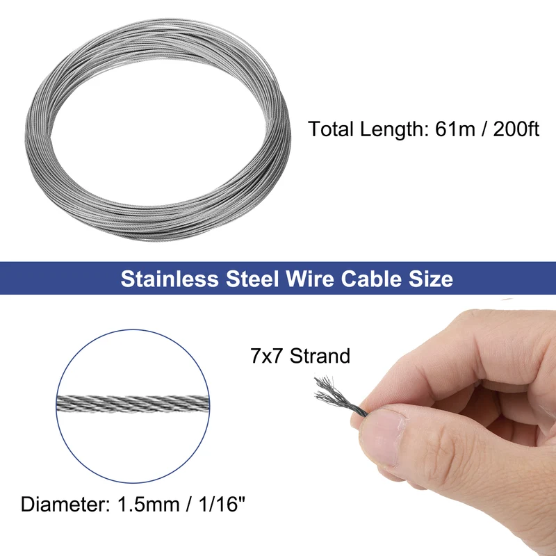 1/16" (1.5mm) 200ft (61m) 304 Stainless Steel Cable Wire Rope 7 x 7 Strands