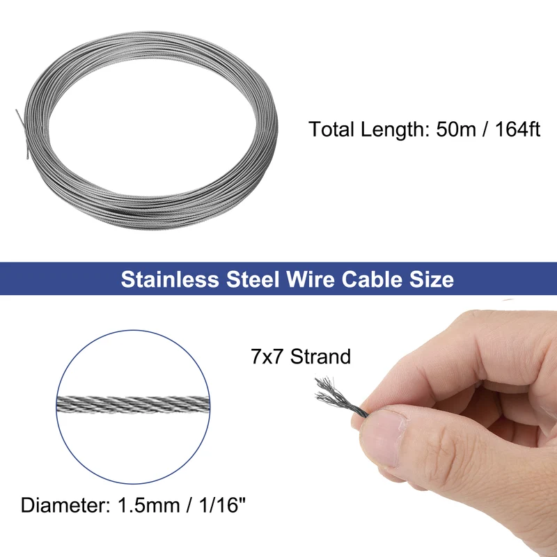 1/16" (1.5mm) 164ft (50m) 304 Stainless Steel Cable Wire Rope 7 x 7 Strands