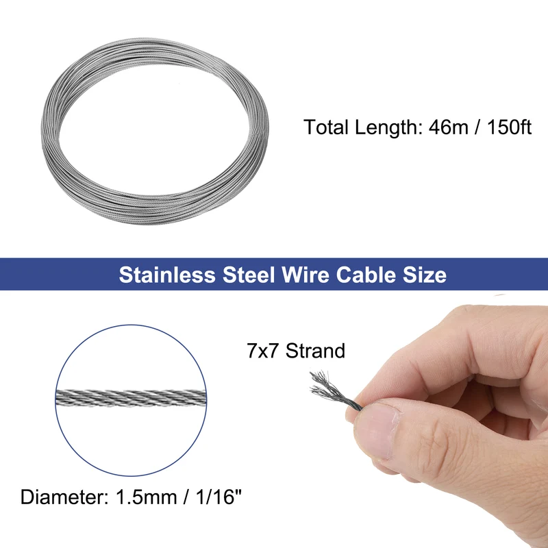 1/16" (1.5mm) 150ft (46m) 304 Stainless Steel Cable Wire Rope 7 x 7 Strands