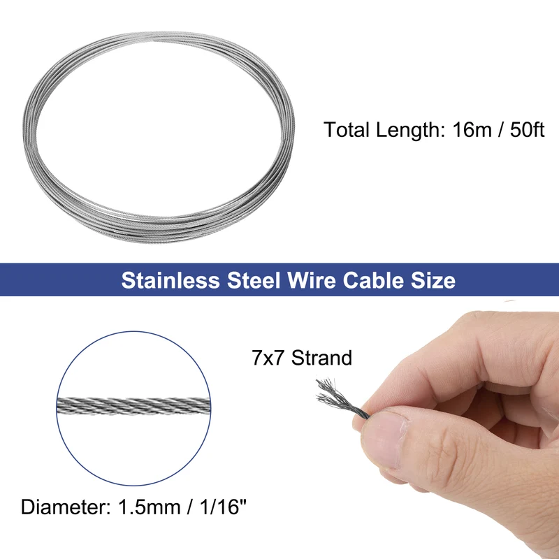 1/16" (1.5mm) 50ft (16m) 304 Stainless Steel Cable Wire Rope 7 x 7 Strands