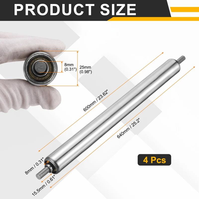 Stainless Steel Conveyor Roller 1" x 24" (25 x 600mm) Gravity Rollers 4 Pcs