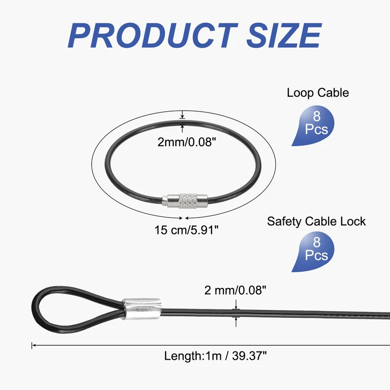 39.4" Safety Cable Lock 8 Pcs 2mm Dia Braided Steel Coated Security Cable Black