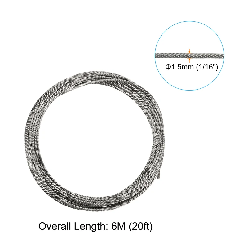 1/16" Wire Rope Kit, PVC Coated Stainless Steel Cable, 20ft