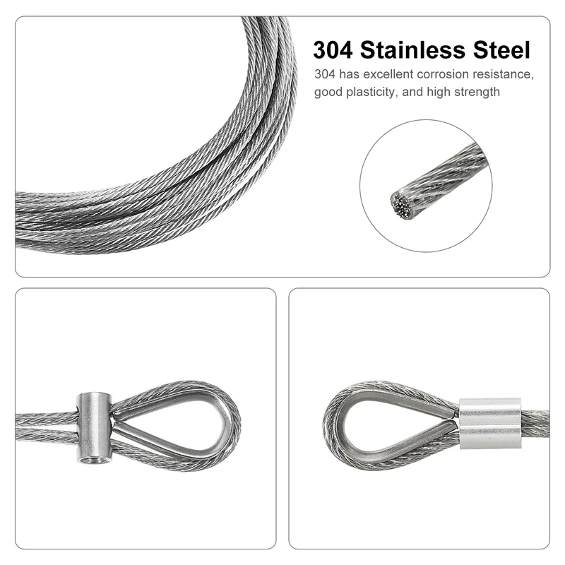 1/16" Wire Rope Kit, PVC Coated Stainless Steel Cable, 20ft