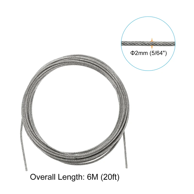 5/64" Wire Rope Kit, PVC Coated Stainless Steel Cable, 20ft