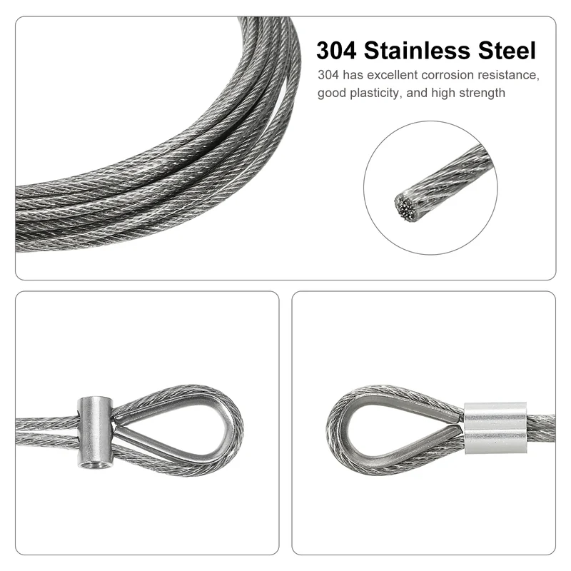 5/64" Wire Rope Kit, PVC Coated Stainless Steel Cable, 20ft