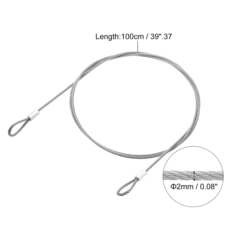 4Pcs Lanyard Cable, 100cm x 2mm Stainless Steel Wire Cable with Loops, Silver