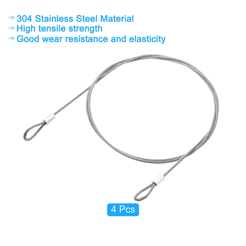 4Pcs Lanyard Cable, 100cm x 2mm Stainless Steel Wire Cable with Loops, Silver