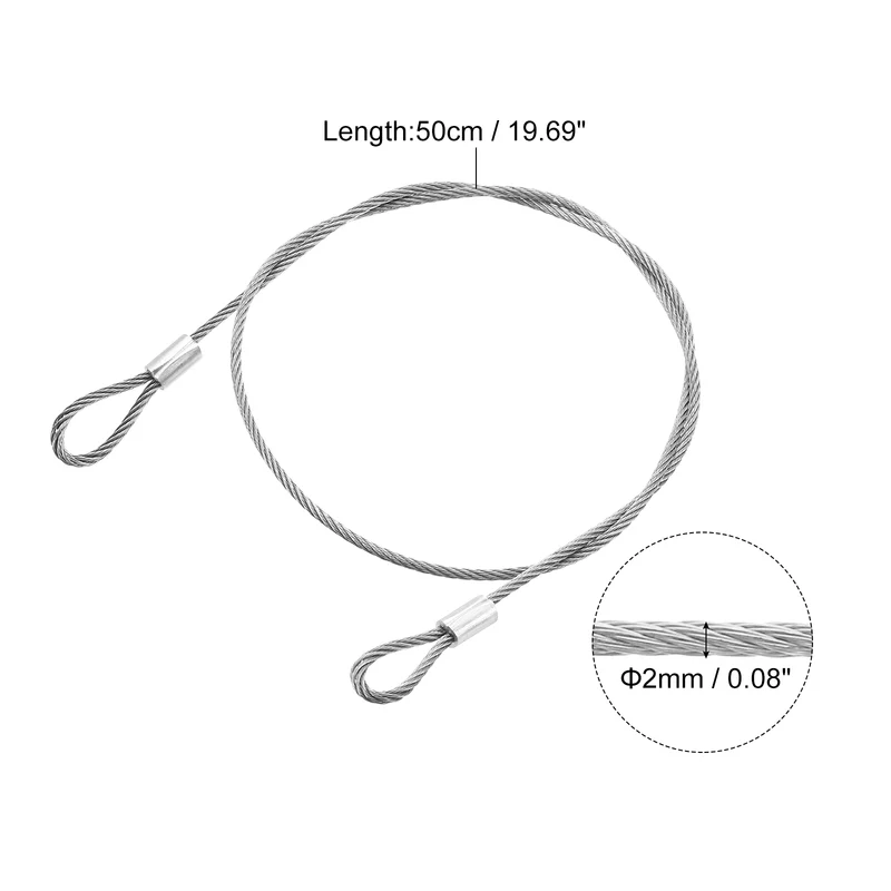 10Pcs Lanyard Cable, 50cm x 2mm Stainless Steel Wire Cable with Loops, Silver