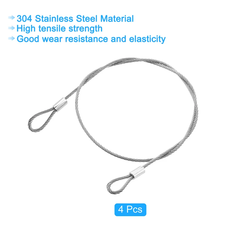 4Pcs Lanyard Cable, 50cm x 2mm Stainless Steel Wire Cable with Loops, Silver