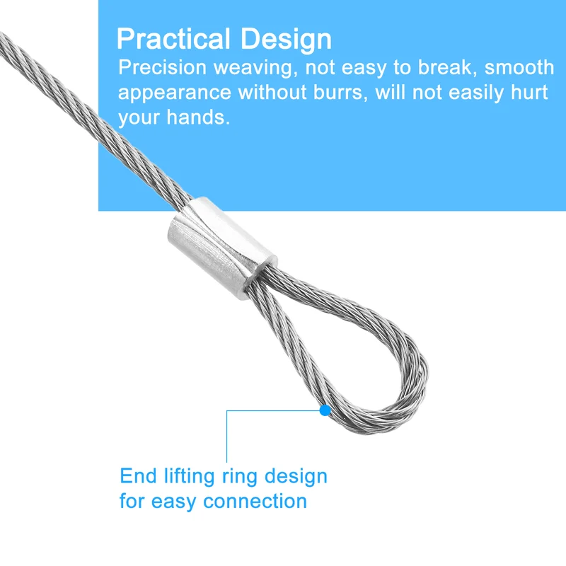 4Pcs Lanyard Cable, 50cm x 2mm Stainless Steel Wire Cable with Loops, Silver