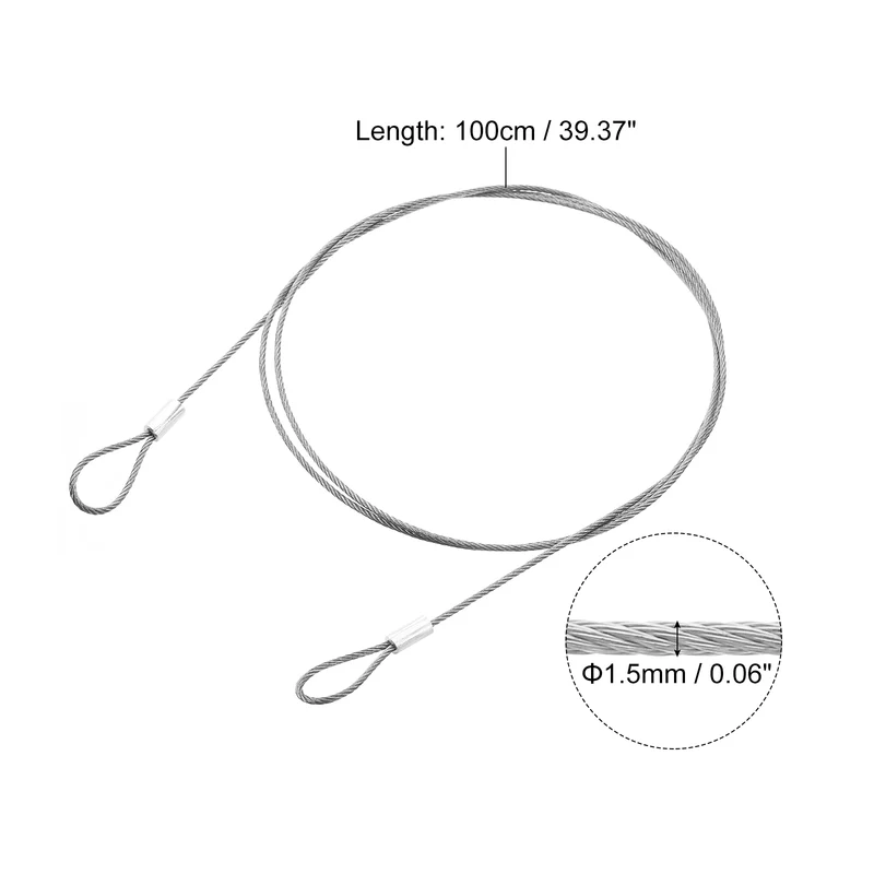 10Pcs Lanyard Cable, 100cm x 1.5mm Stainless Steel Wire Cable with Loops, Silver